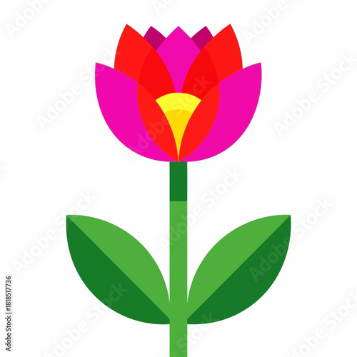 Vibrant and colorful stylized flower illustration with pink, red, and yellow petals on a green stem with leaves