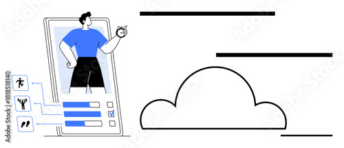 Man on app interface tracking fitness progress, activity data charts, exercise icons, and cloud connection. Ideal for health, wellness, fitness, tech motivation lifestyle app design. Minimalist