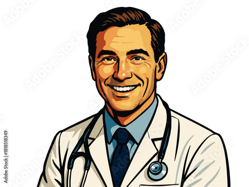 Smiling male doctor wearing a white coat and stethoscope, symbolizing healthcare, professionalism, and medical authority. Generative ai vector colorful pop art illustration.