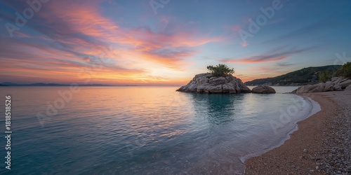 Fototapeta Naklejka Na Ścianę i Meble -  A person walking along a sandy seashore at sunset under a colorful sky, ideal for seaside lifestyle imagery