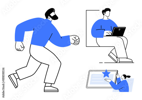 Man walking briskly, person using a laptop, and another pointing to a tablet. Ideal for teamwork, productivity, motivation, technology, collaboration user experience creativity. Simple flat
