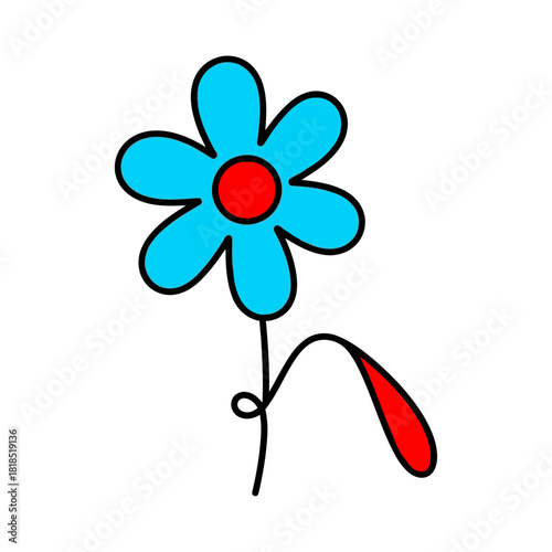 Whimsical handdrawn blue flower illustration with a vibrant red center and a unique red leaf, isolated on