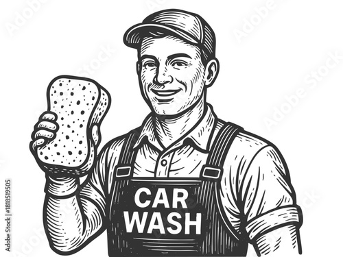 smiling car wash worker holding a sponge and bucket, symbolizing service and labor sketch engraving generative ai fictional character vector illustration. Scratch board imitation. Black and white.