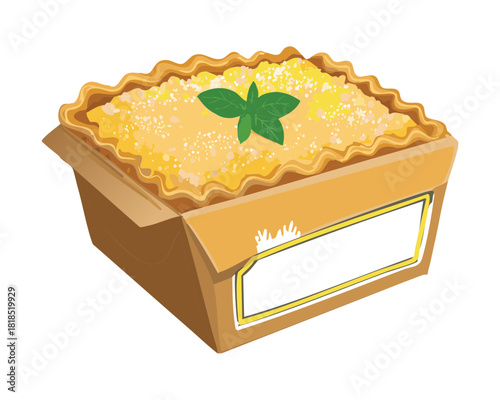 Fresh baked lemon pie tart with mint leaf garnish inside a cardboard delivery box - Vector Illustration