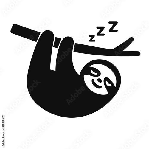 A black and white cartoon illustration of a cute sloth sleeping soundly while hanging upside down from a tree branch, with "zzz" symbols indicating sleep.