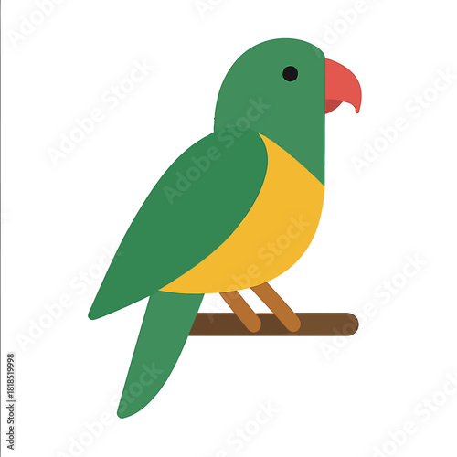 A simple flat design illustration of a green parrot with a yellow belly and red beak perched on a brown branch.