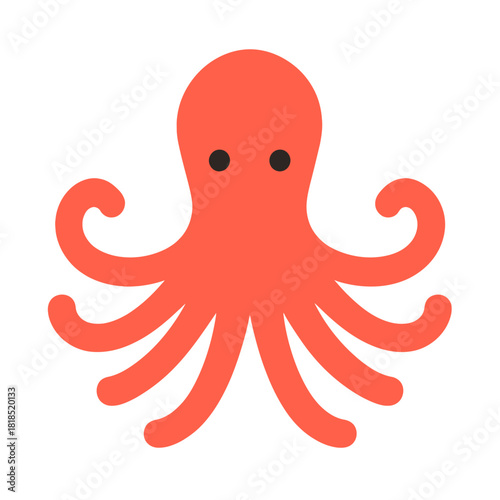 A simple, stylized illustration of a red octopus with eight tentacles and two eyes on a white background.
