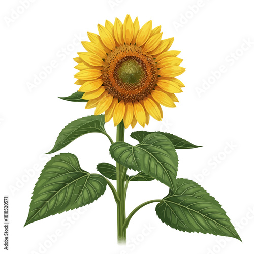 Vibrant yellow sunflower with lush green leaves, a classic symbol of summer and happiness, isolated on