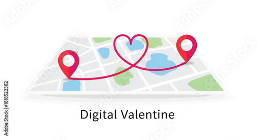 Digital valentine s day heart shaped route connecting two location pins on a stylized map