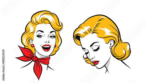 Vector Pop Art Woman Set: Two Retro Glamour Portraits with Blonde Hair, Red Lips, and Comic Book Style.