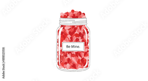 A jar filled with red and pink hearts with a be mine label for valentine s day