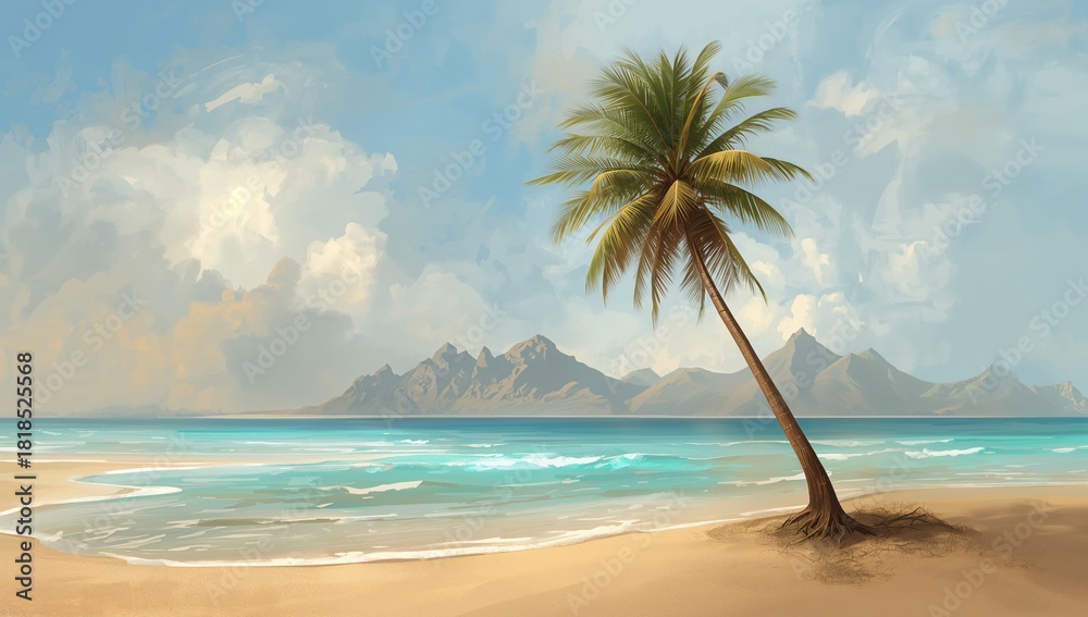 Obraz premium A dusty sea landscape with a palm tree, emphasizing natural erosion risk, digital artwork style, no holiday observance