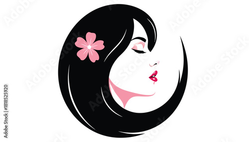 Feminine profile illustrated in vector showing flowing hair pink flower and serene ex