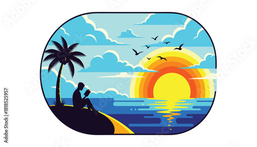 Tropical Sunset Reading Vector: Man Relaxing on Beach Island with Palm Tree and Ocean View. 