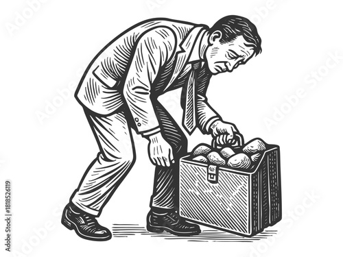 tired businessman struggling to lift a suitcase full of rocks, stress and work pressure sketch engraving generative ai fictional character vector illustration. Scratch board. Black and white.