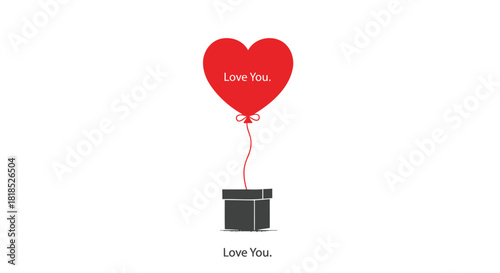Red heart shaped balloon with text love you floating from a gift box on white background