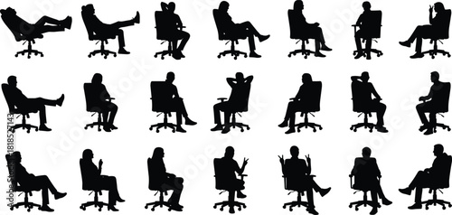 Set of sitting people silhouettes, office chair poses, business man relaxing, corporate woman working, vector collection, furniture isolated illustration.