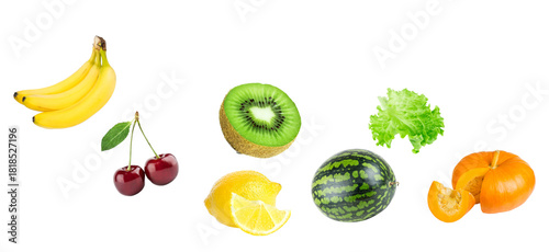 Fototapeta Naklejka Na Ścianę i Meble -  diverse fruits and vegetables for healthy lifestyle promotion, featuring banana, cherry, kiwi, watermelon, lettuce, lemon, and pumpkin, ideal for food blog