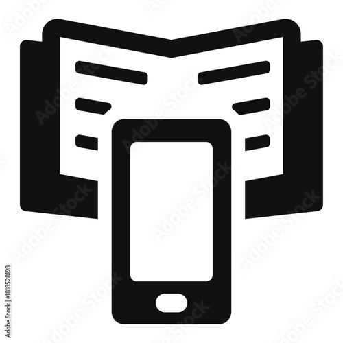 Mobile reading vector icon — smartphone with open book symbol in minimal flat outline style for e-learning, digital library, online study, and modern education design

