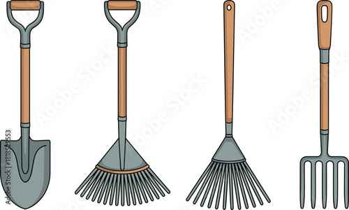 PrintEssential Garden and Farm Tools Vector Illustration Set, Shovel, Rakes, Pitchfork, Equipment, Agricultural, Horticultural, Wood Handle, Outline Drawing, Isolated