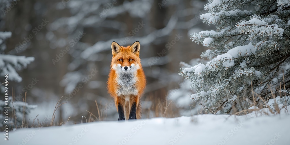 Obraz premium Red fox in winter forest setting, emphasizing natural habitat and seasonal adaptation