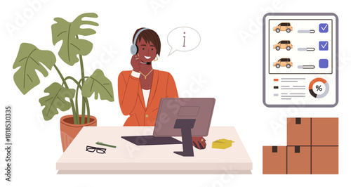 Smiling support representative wearing headset, assisting customers at computer desk. Car rental details, cardboard boxes, and plant in view. Ideal for customer service, logistics, e-commerce, car