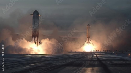 Two rockets landing simultaneously on a launchpad at dusk, with bright flames and smoke billowing around them, showcasing advanced space technology and successful re-entry.