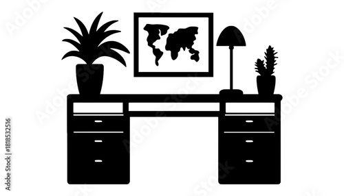 Desk silhouette with plants and map art vector illustration