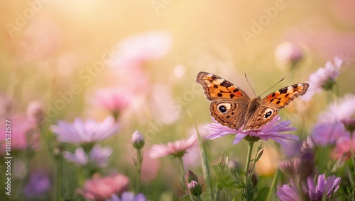 Fototapeta Naklejka Na Ścianę i Meble -  Sunlit meadow with colorful flowers and a butterfly, ideal for background or layout design