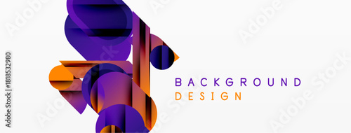 Abstract geometric shapes overlap, creating dynamic visual effect. Purple, gold hues dominate white background. Modern design element.