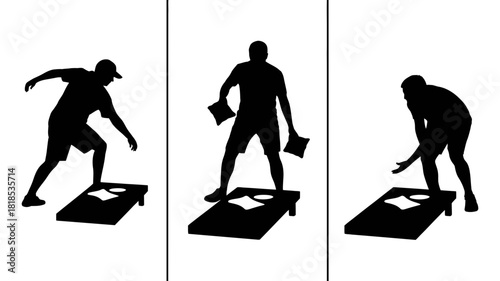 Silhouettes of people playing cornhole, a popular outdoor backyard game, throwing beanbags towards the target board on a summer day