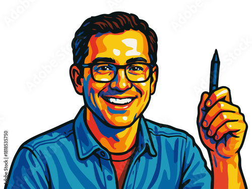 Smiling man holding a digital stylus, symbolizing creativity, design, and digital art professions. Generative ai vector colorful pop art illustration.