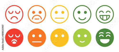 Customer feedback satisfaction rating scale icons. facial expressions show emotions from unhappy to delighted, in both outline and solid styles.