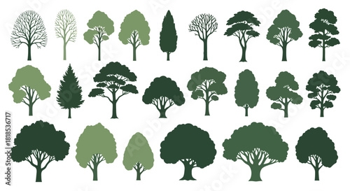 A collection of stylized green trees with diverse shapes and sizes, illustrating various arboreal forms for design and decoration purposes