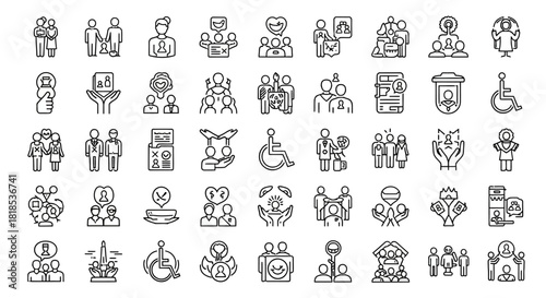 A collection of thin line art icons illustrating themes of diversity, disability, inclusion, community, and teamwork for modern design projects