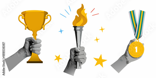 Trophy torch and medal symbols of victory and achievement