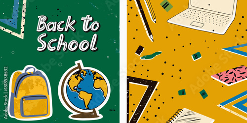 Colorful back to school illustration with school supplies and accessories
