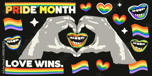 Pride month illustration with hands hearts rainbows and love wins message