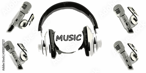 Music illustration with headphones and microphones in black and white style