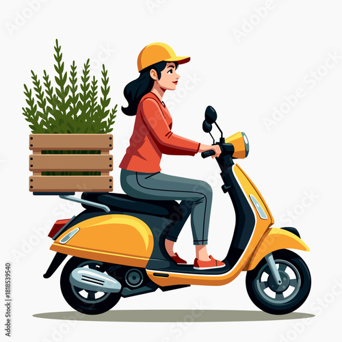 Yellow scooter carrying a crate of greenery for local delivery, showcasing plants for shipment. Plants for shipment offer convenience and freshness,