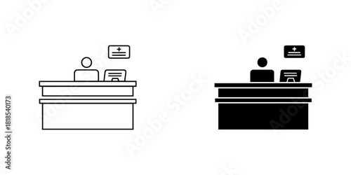 Reception desk icon set with person and signs, outline and solid versions, isolated on
