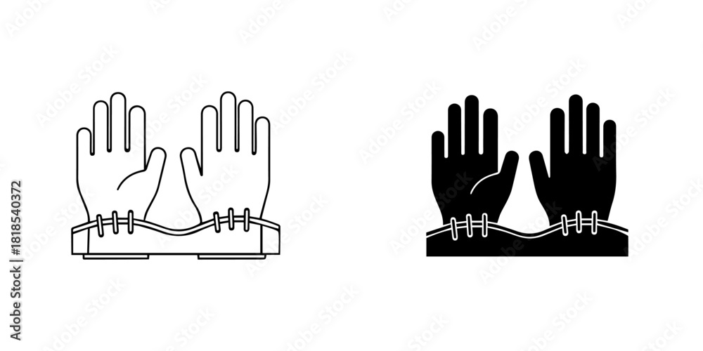 Fototapeta premium Outline and glyph style icons depicting two hands emerging from a surface with ties or stitches