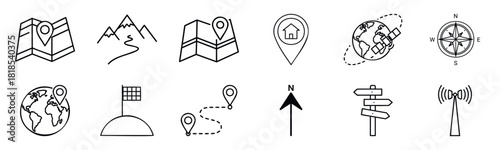 Collection of navigation and location icons including maps, globes, compass, and wayfinding symbols for travel and exploration themes.