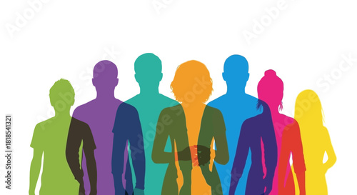 A diverse group of people represented by colorful silhouettes standing together.