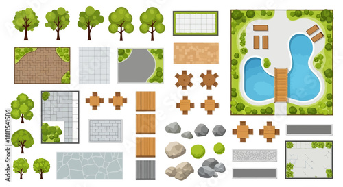 Overhead view of a garden with trees, pool, tables, and walkways.