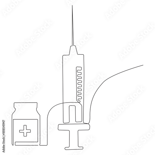 One continuous line drawing of medicine set with syringe and vial,Pharmaceutical vector illustration.