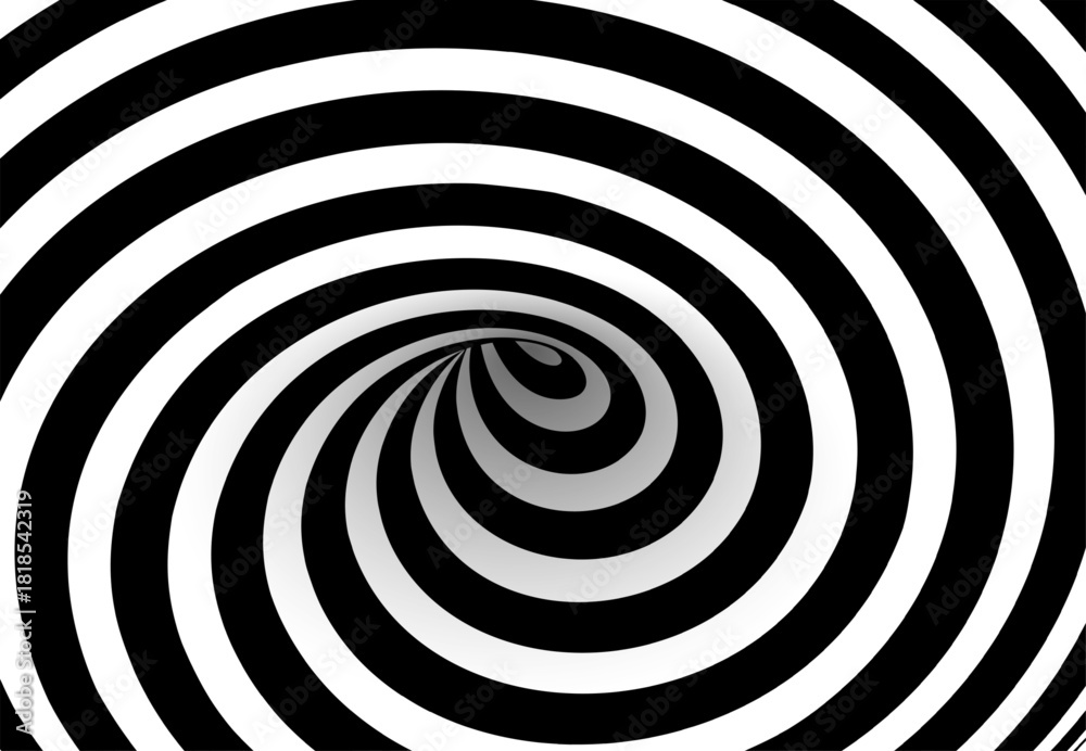 Naklejka premium Spiral black and white optical background. Tunnel pattern with strong vortex effect. Concentric curved lines form dynamic hypnotic motion. Abstract vector illustration.