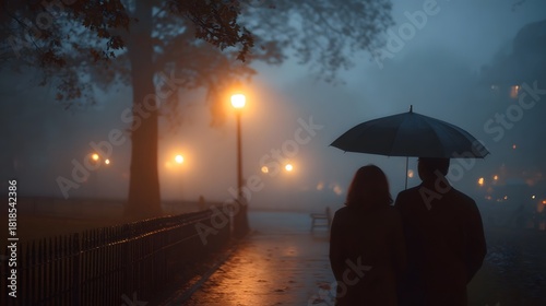 Couple walking under an umbrella on a foggy night in a park with streetlights