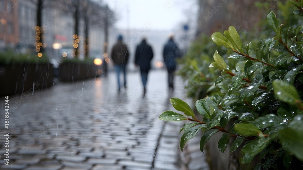 Obraz premium Three blurred figures walk down a wet cobblestone street on a rainy day with green foliage in the foreground