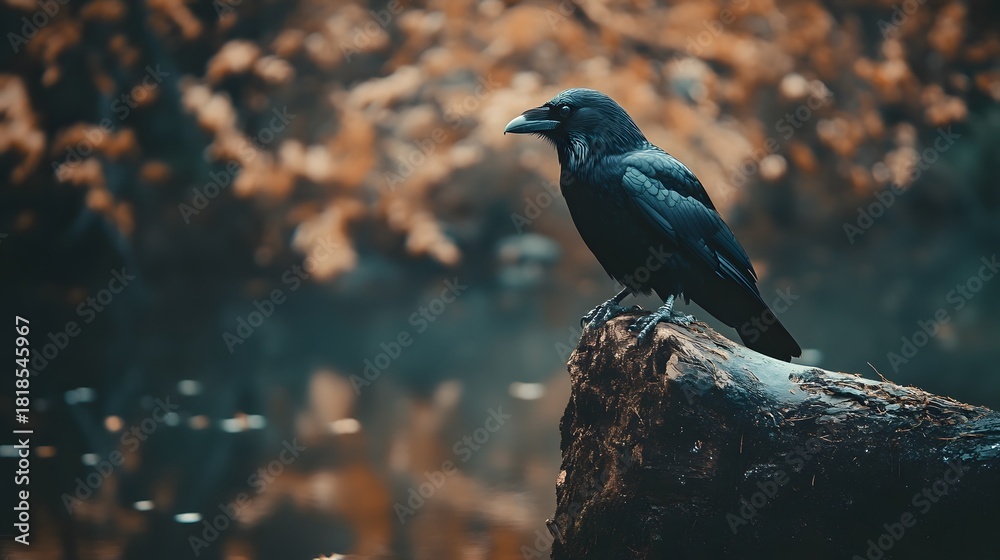 Naklejka premium A black crow perched on a rock in a forest, looking to the left.